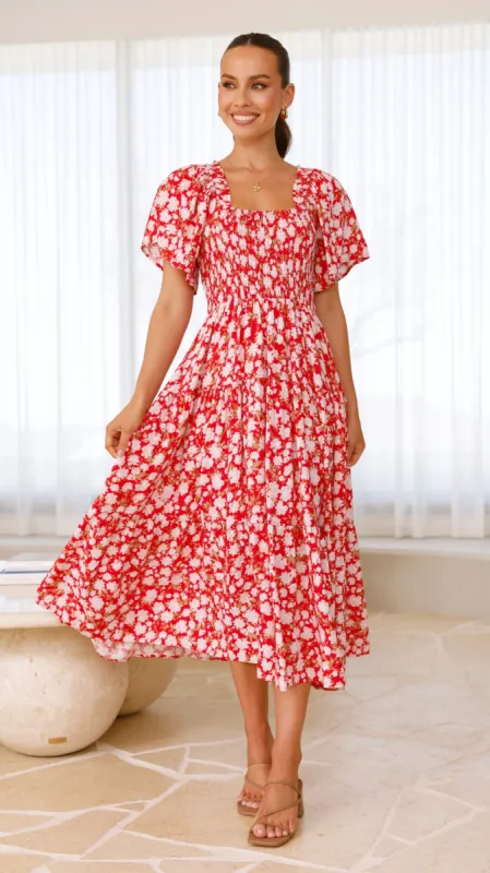 Sammi Midi Dress - Red Floral made by Billy J