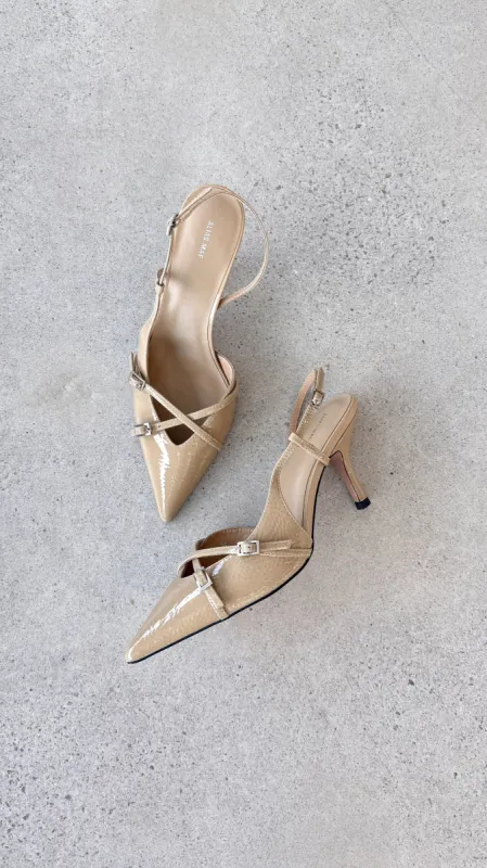Faith Heel - Chai Crinkle Patent sold by Billy J