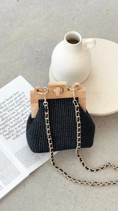 Abby Timber Frame Woven Mini Bag - Black sold by Billy J