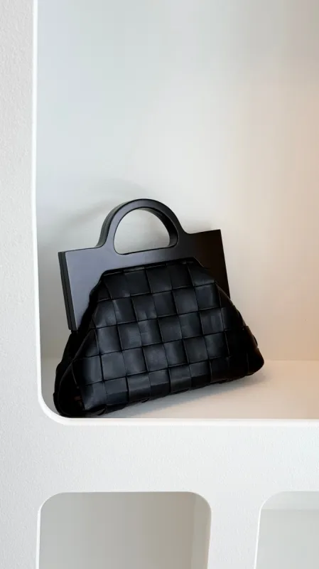 Arabelle Flat Weave Timber Handle Clutch - Black sold by Billy J