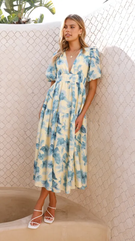Erin Midi Dress - Yellow / Blue Floral sold by Billy J