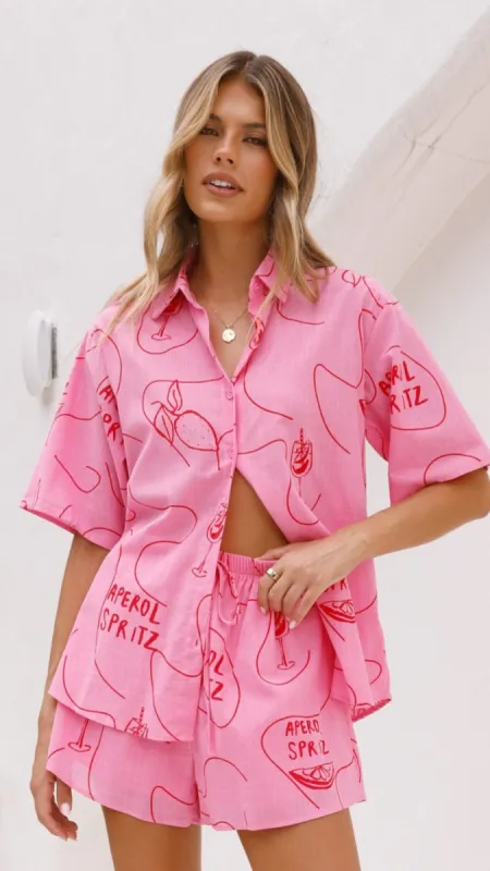 Charli Button Up Shirt and Shorts Set - Pink / Red Aperol sold by Billy J