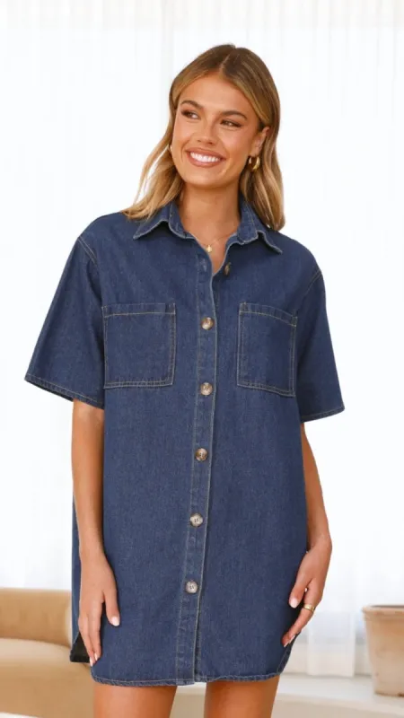 Chaney Button Up Mini Dress - Dark Denim sold by Billy J