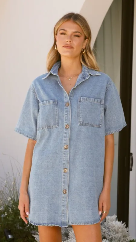 Chaney Button Up Mini Dress - Medium Denim sold by Billy J