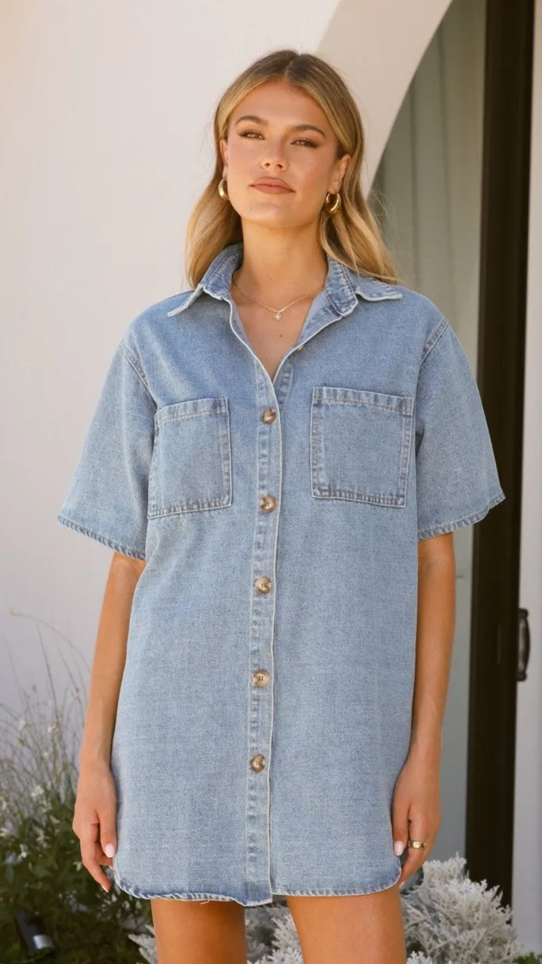 Chaney Button Up Mini Dress - Medium Denim sold by Billy J