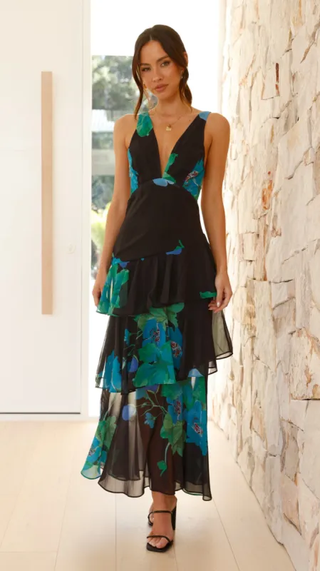 Sachiko Maxi Dress - Black / Green / Blue Floral sold by Billy J