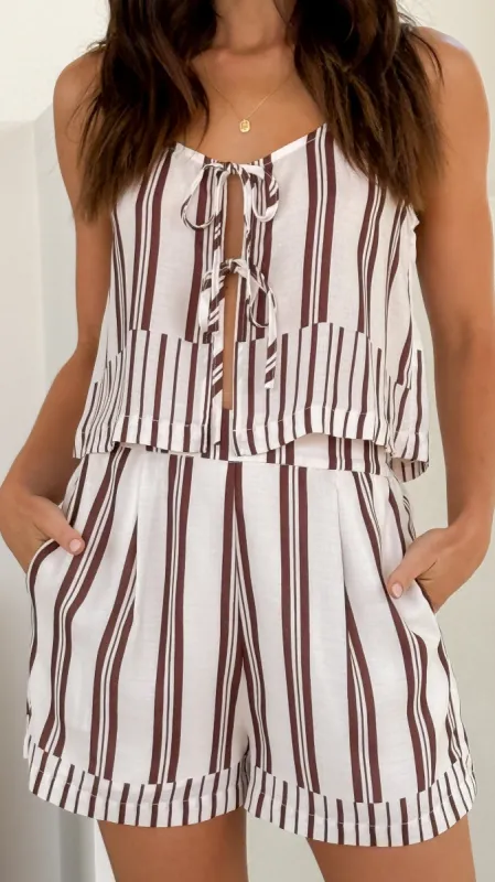 Urja Tie Front Top - Brown / White Stripe sold by Billy J