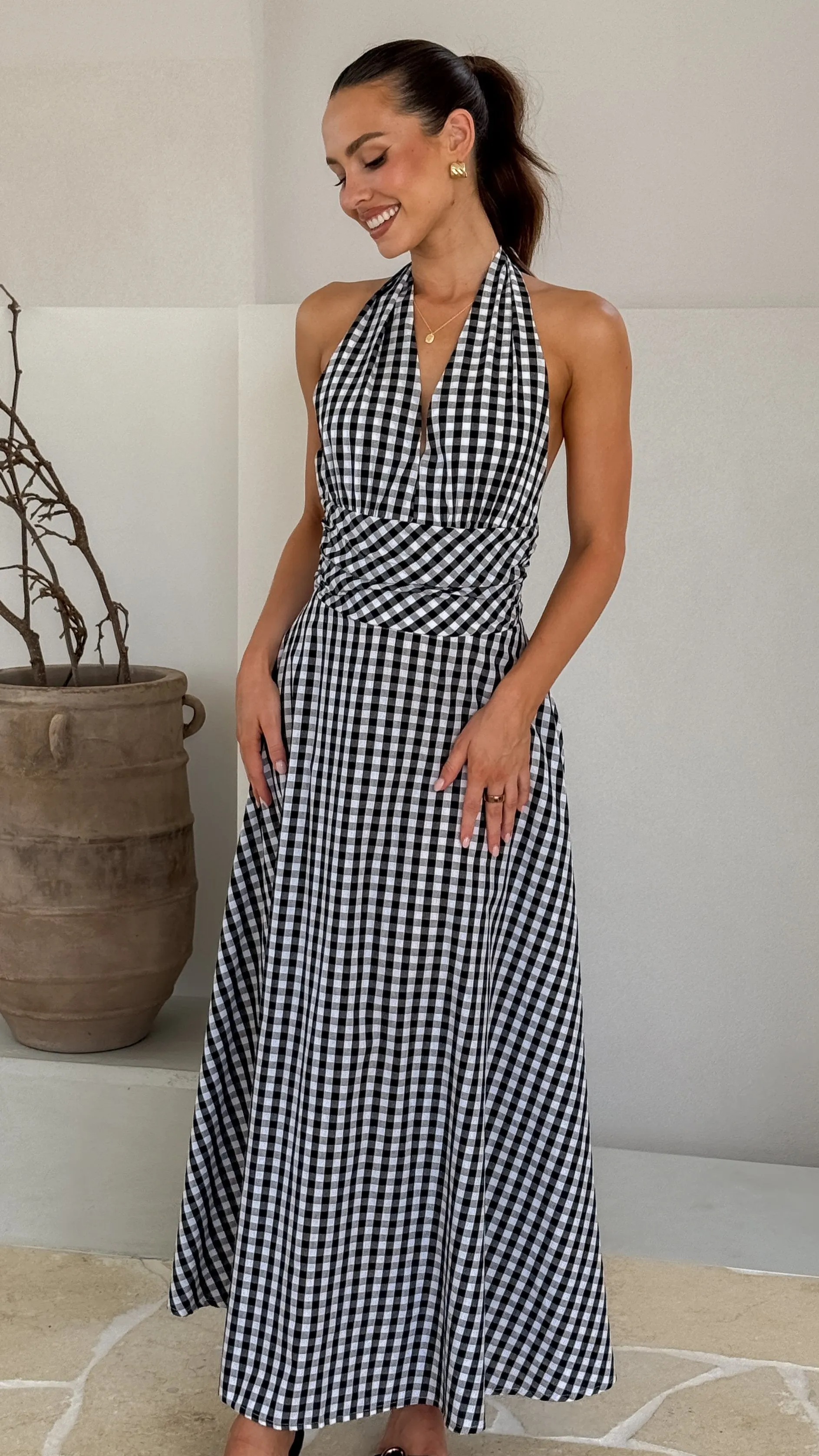 Brydie Halter Maxi Dress - Gingham Black sold by Billy J product image thumbnail 5