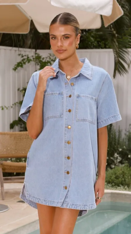 Rayna Denim Mini Dress - Light Denim sold by Billy J