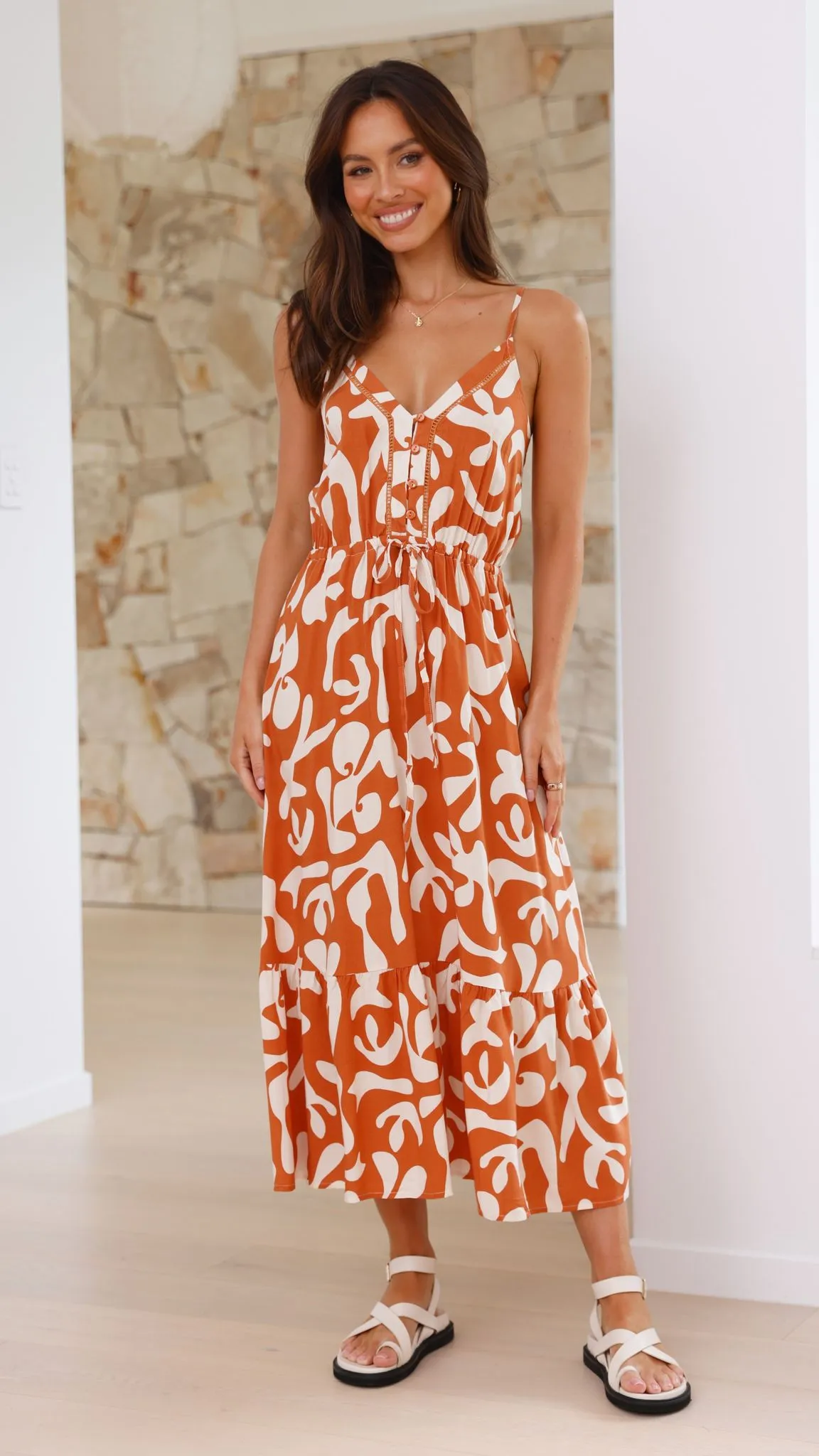 Maureena Midi Dress - Tan/White sold by Billy J