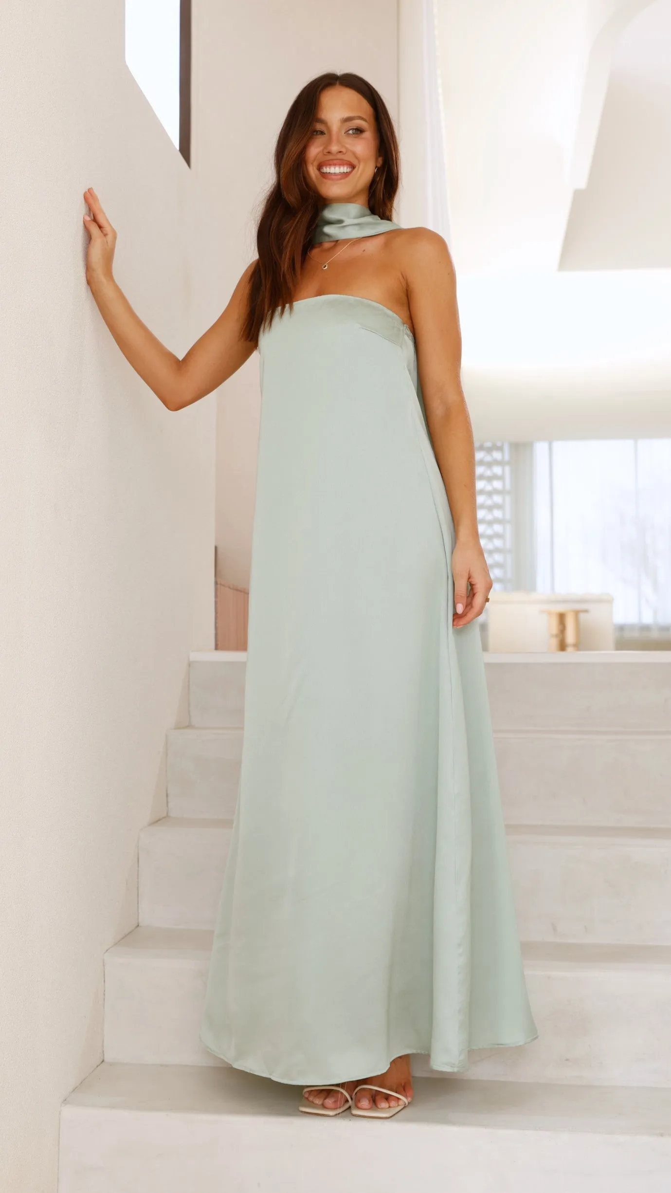 Caitie Strapless Scarf Maxi Dress - Sage sold by Billy J