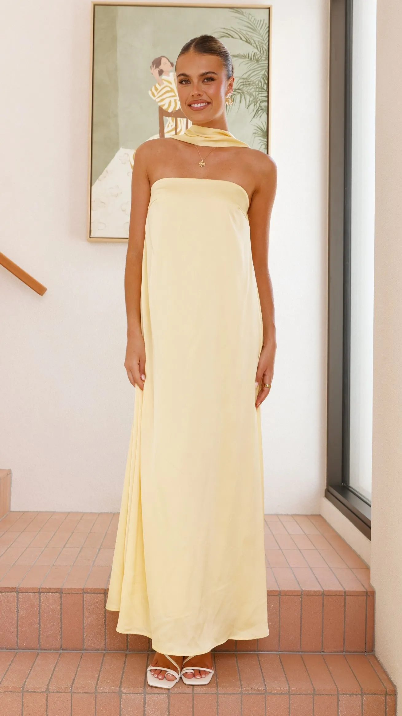 Caitie Strapless Scarf Maxi Dress - Yellow sold by Billy J