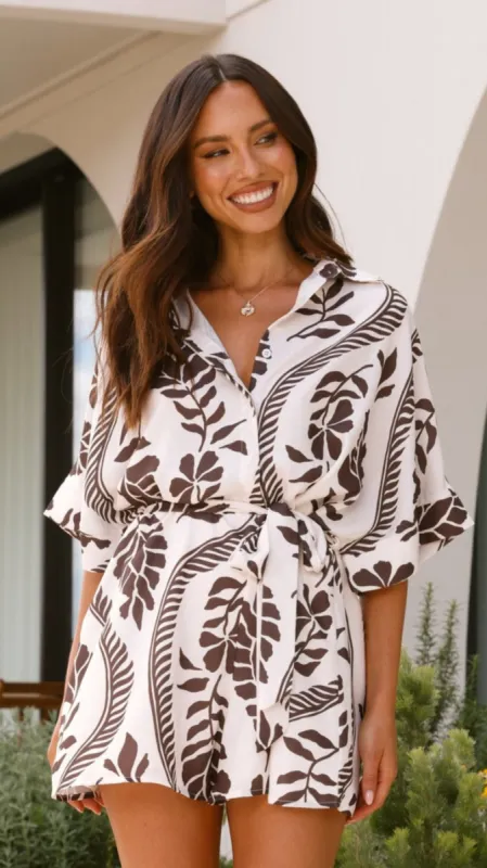 Aurelia Playsuit - Brown/White Print sold by Billy J