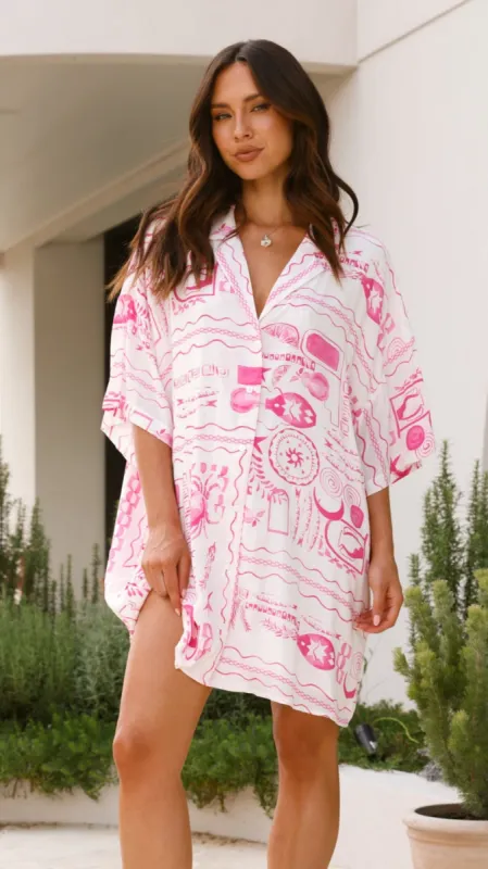 Breeze Mini Shirt Dress - Pink Print sold by Billy J