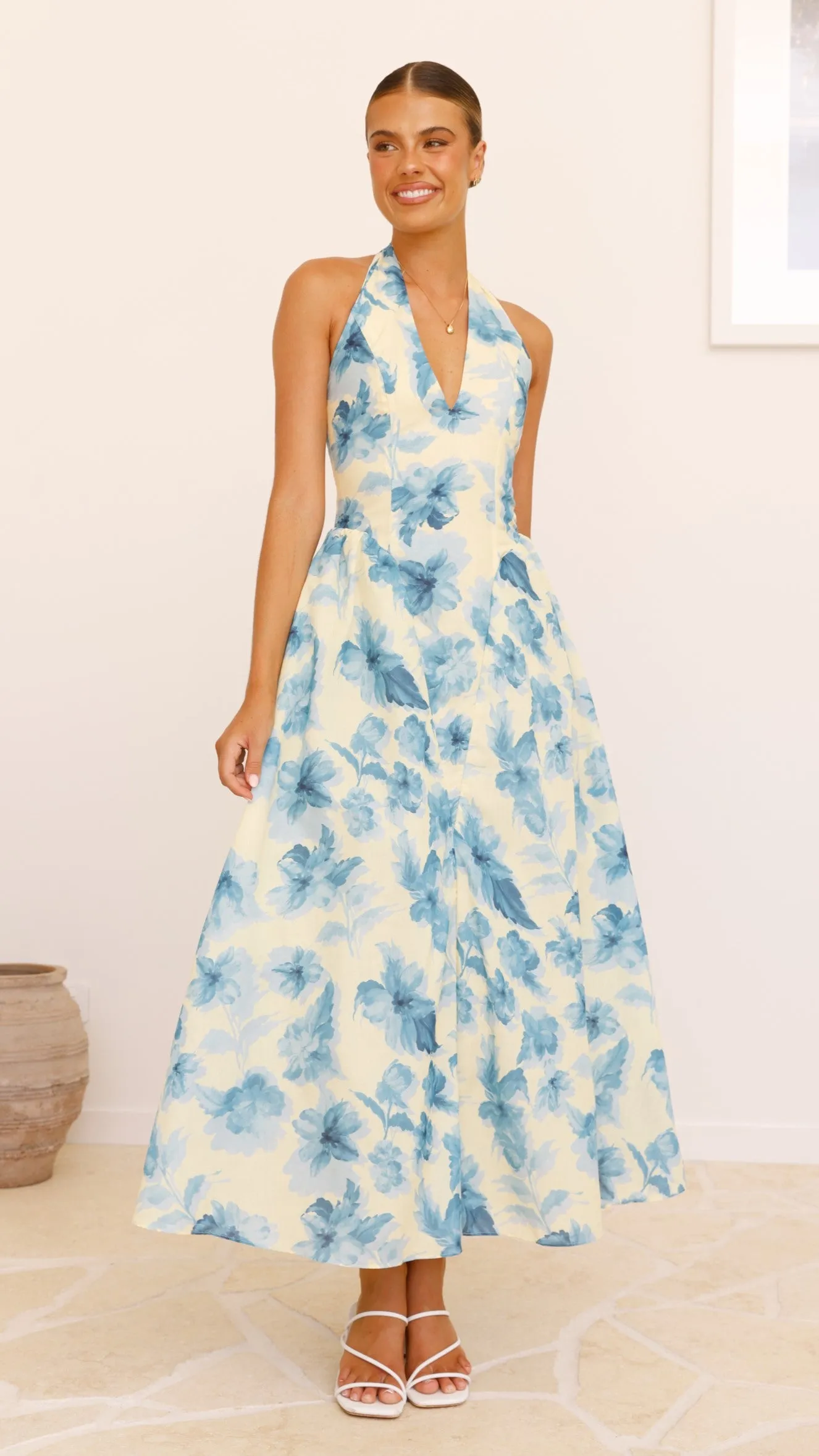 Bryony Halter Neck Maxi Dress - Yellow/Blue Floral sold by Billy J