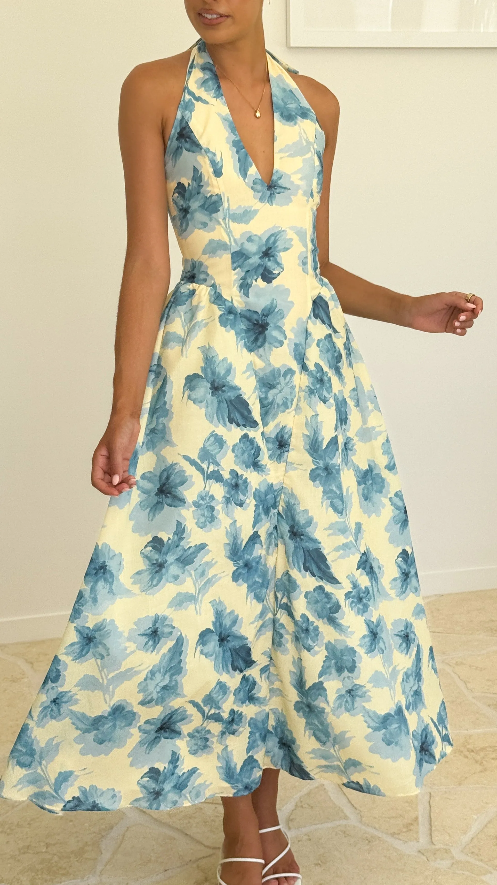 Bryony Halter Neck Maxi Dress - Yellow/Blue Floral sold by Billy J product image thumbnail 4