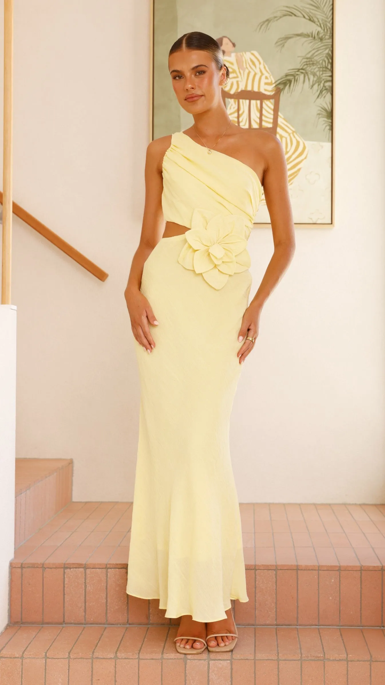 Bloom One Shoulder Cut Out Maxi Dress - Yellow sold by Billy J