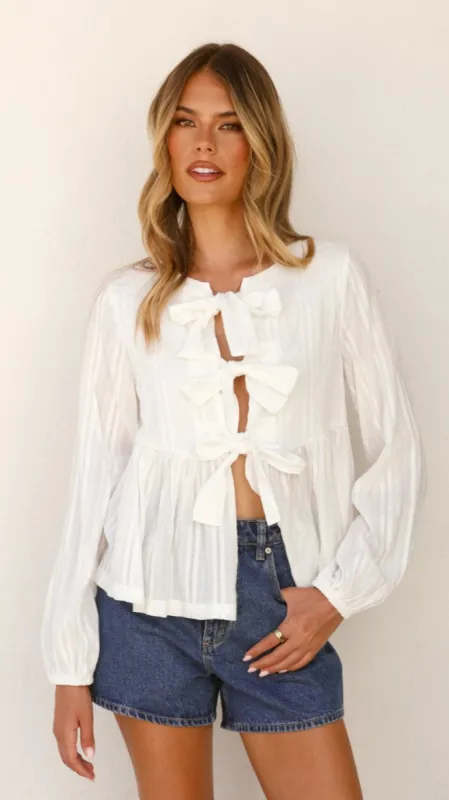 Shanica Long Sleeve Tie Top - White sold by Billy J