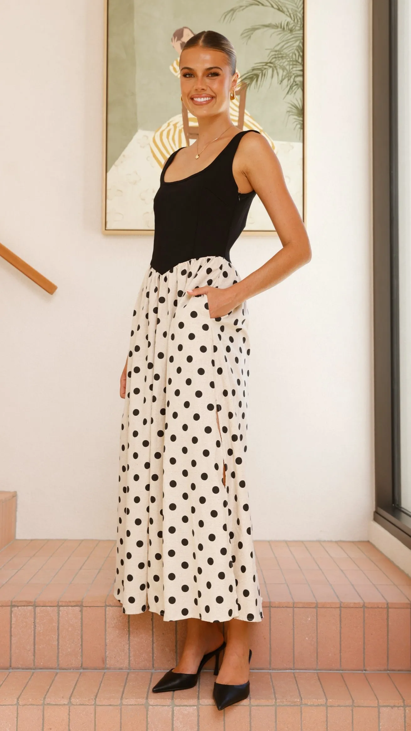 Leoni Maxi Dress - Oat/Black Polka sold by Billy J product image thumbnail 3