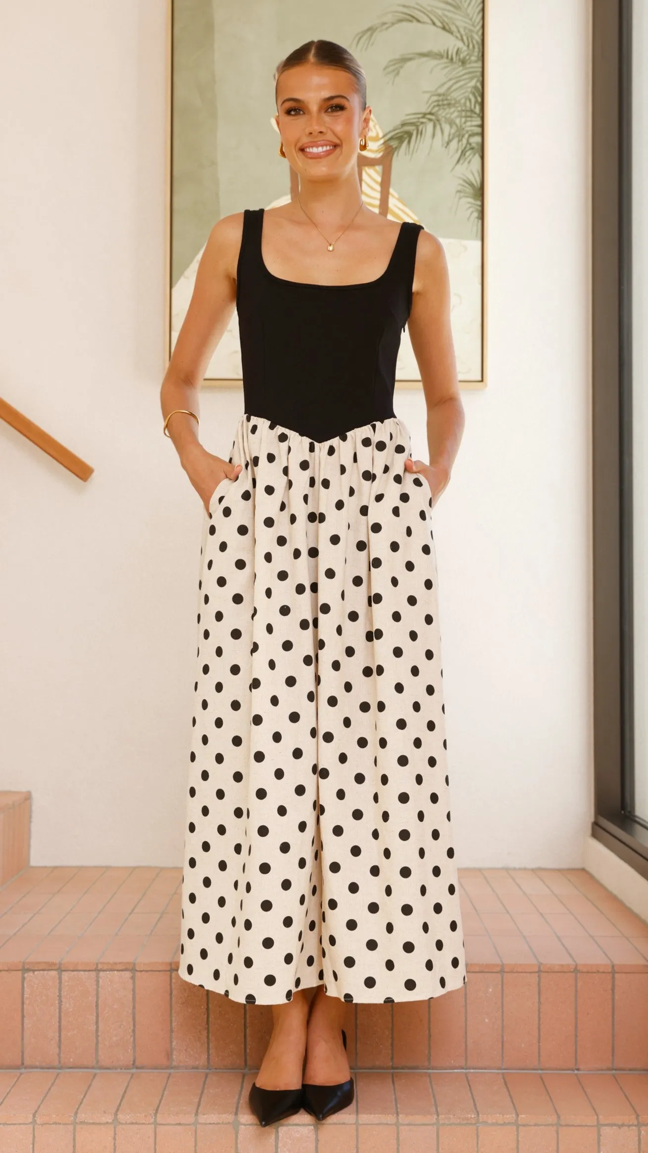 Leoni Maxi Dress - Oat/Black Polka sold by Billy J product image thumbnail 5