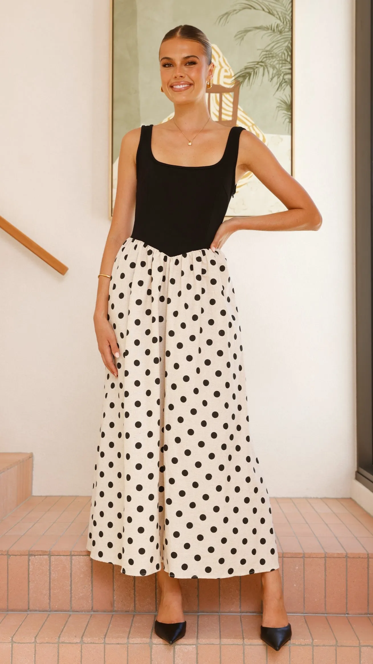 Leoni Maxi Dress - Oat/Black Polka sold by Billy J