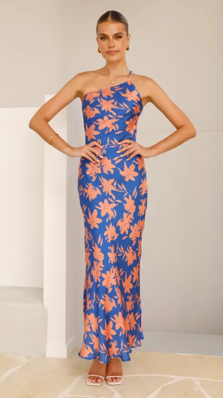Verity One Shoulder Maxi Dress - Orange/Blue Floral sold by Billy J