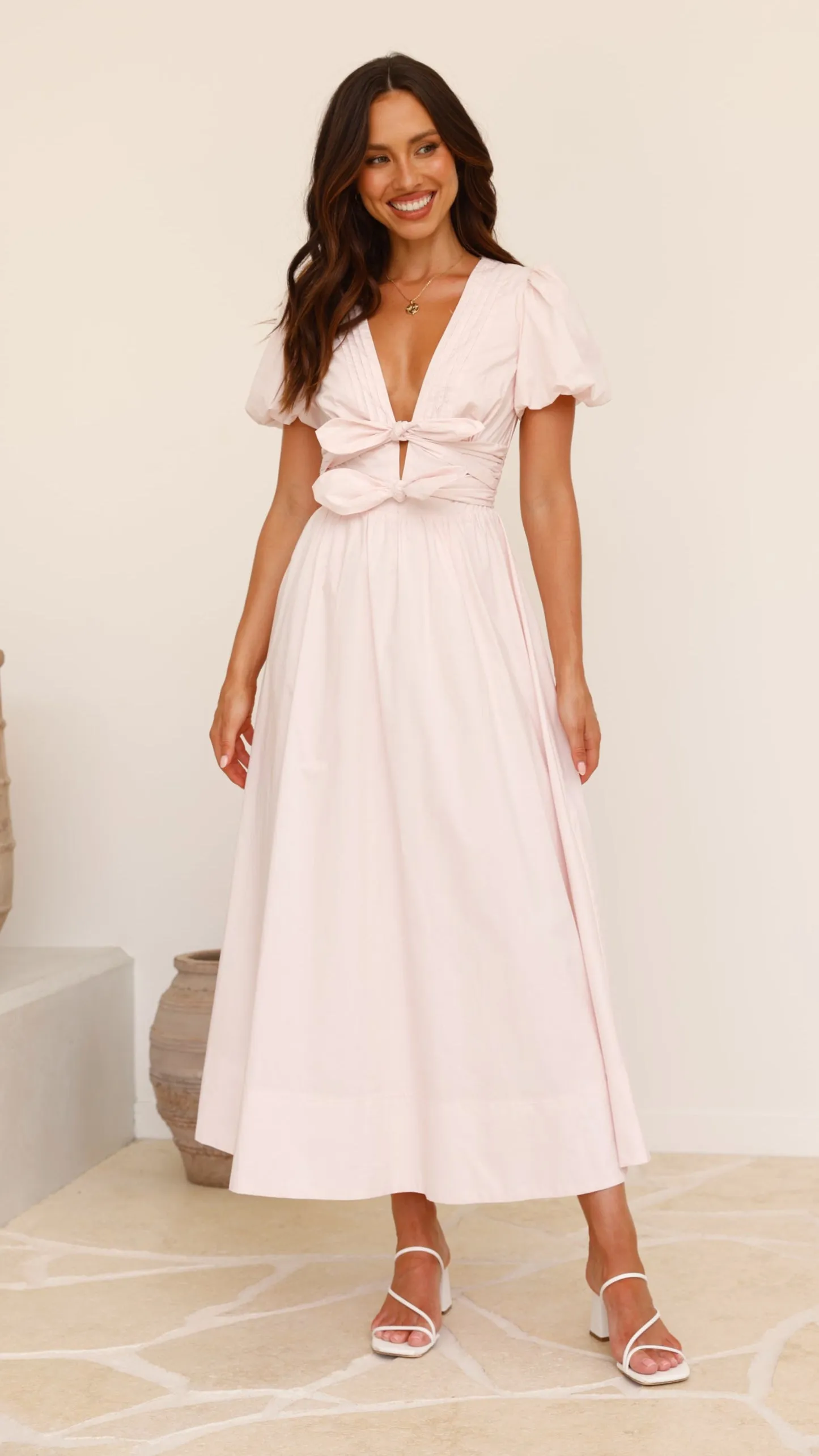 Sharni Bow Midi Dress - Soft Pink sold by Billy J