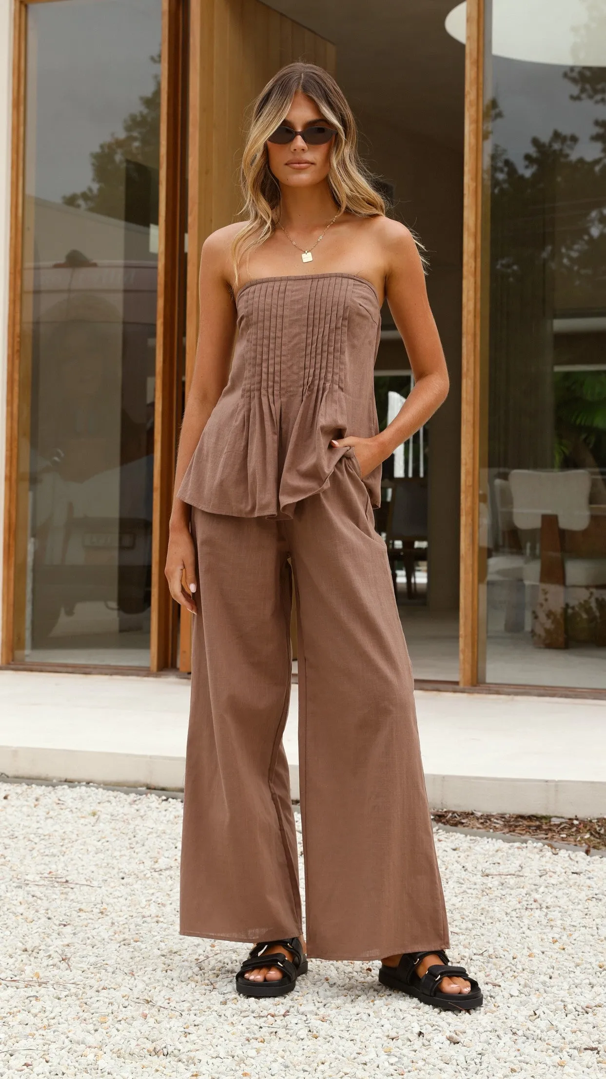 Sharni Strapless Pleat Top and Pants Set - Chocolate sold by Billy J