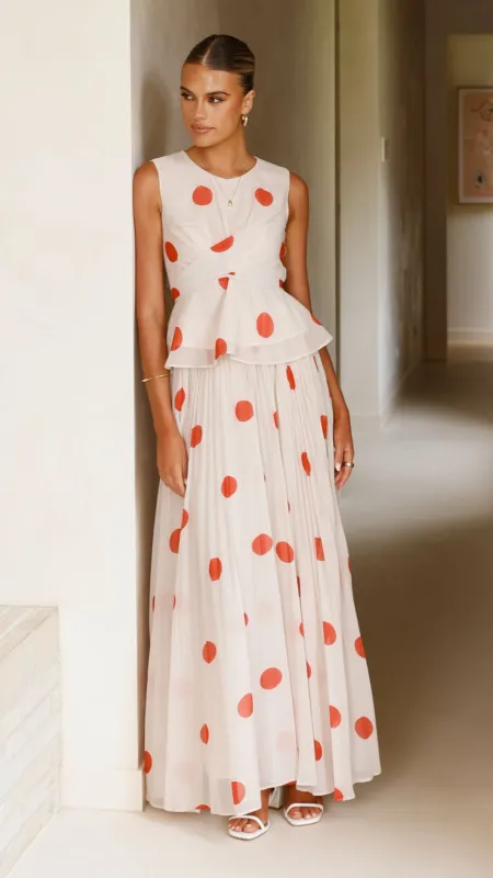 Cambree Peplum Top and Maxi Skirt Set - Beige / Red Polka Dot sold by Billy J