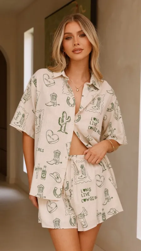 Charli Button Up Shirt and Shorts Set - Beige/Khaki Cowgirl sold by Billy J