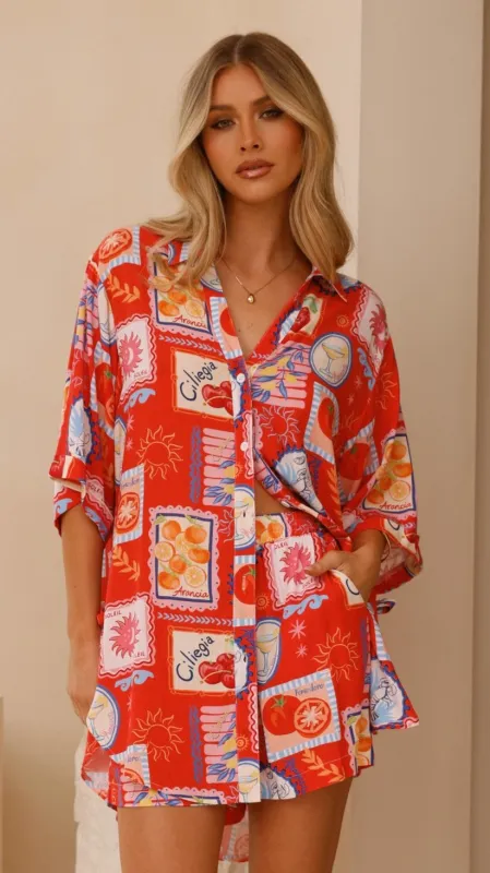Aria Button Up Shirt and Short Set - Travel Tales Red sold by Billy J