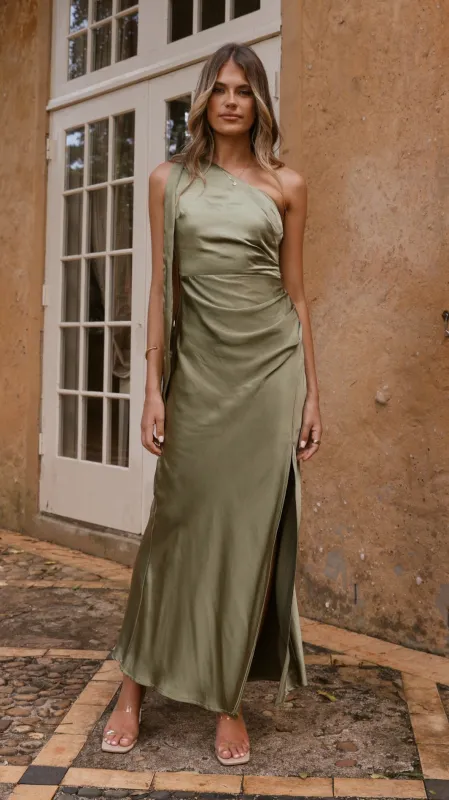 Halle One Shoulder Maxi Dress - Olive sold by Billy J