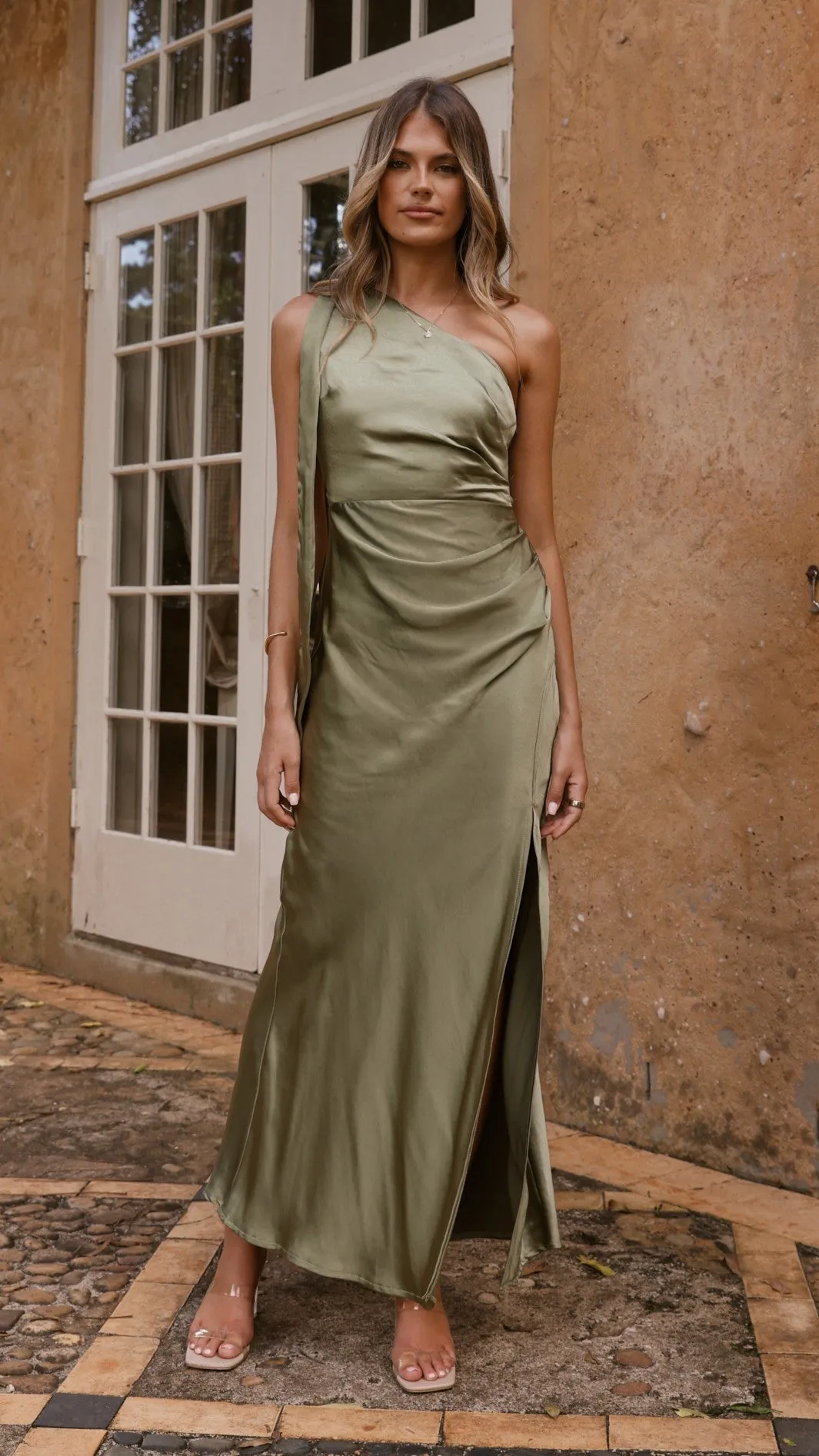 Halle One Shoulder Maxi Dress - Olive sold by Billy J