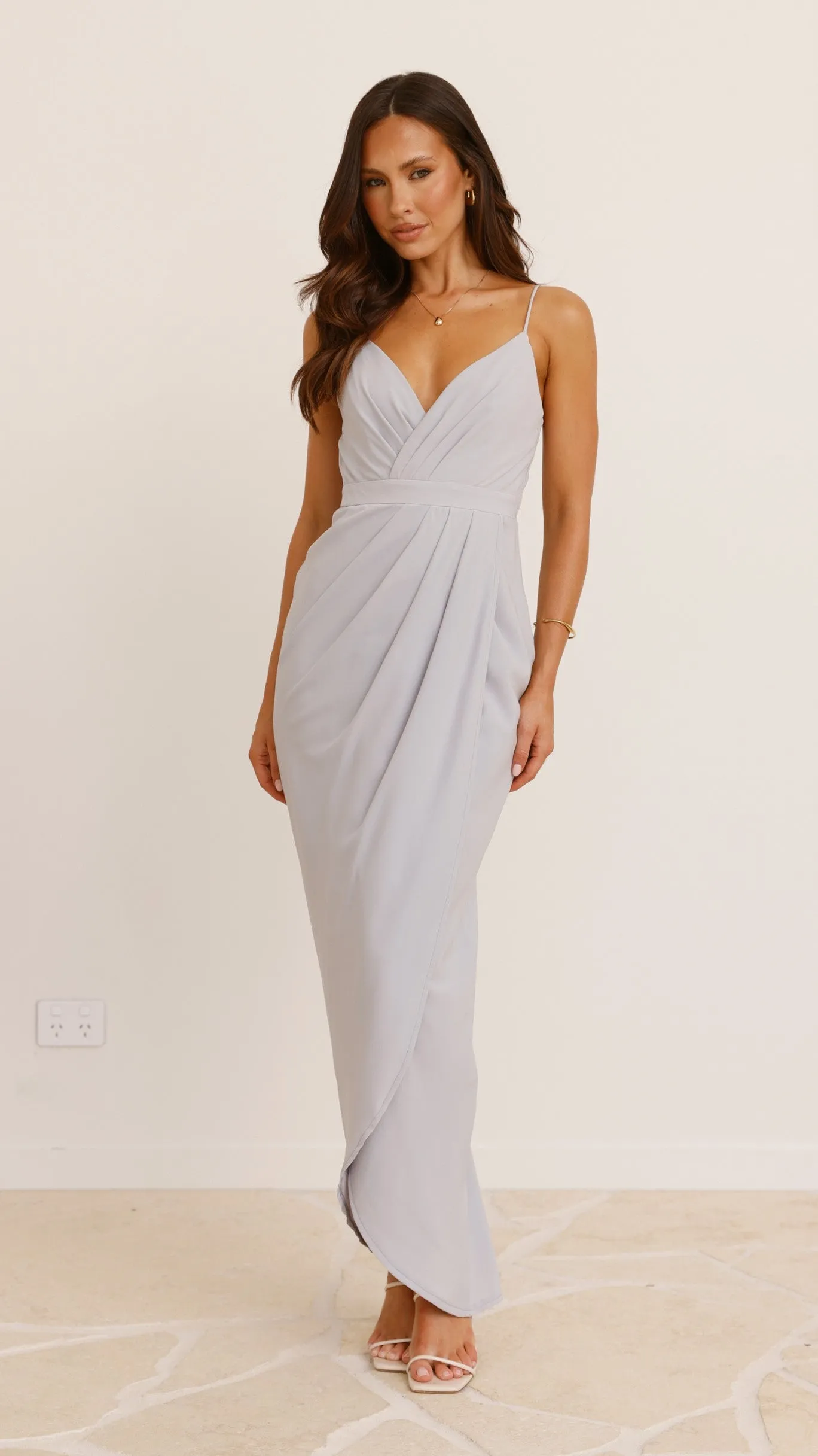 Charlotte Draped Maxi Dress - Silver sold by Billy J