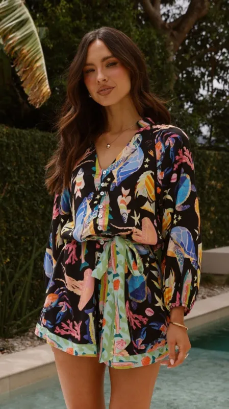 Felicita Tie Waist Playsuit - Black / Multi Print sold by Billy J