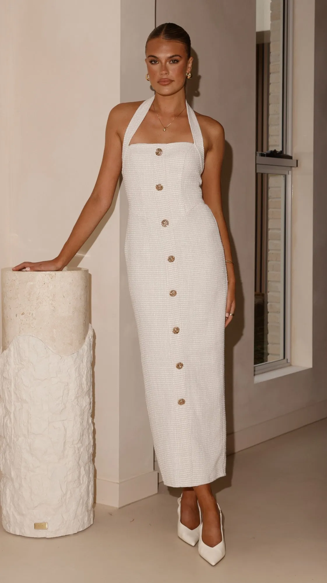 Tierra Button Midi Dress - White sold by Billy J