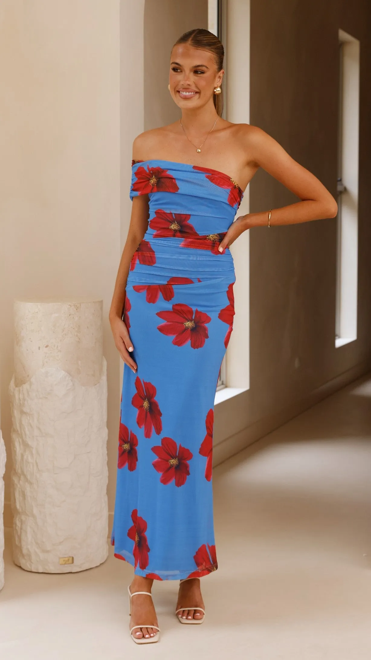 Eisa One Shoulder Maxi Dress - Blue / Red Floral sold by Billy J