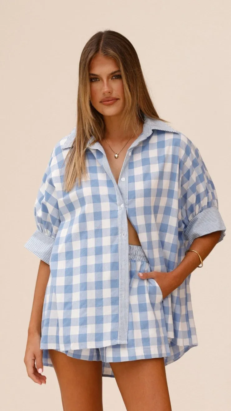 Mahalie Button Up Top - Sky Blue Check sold by Billy J