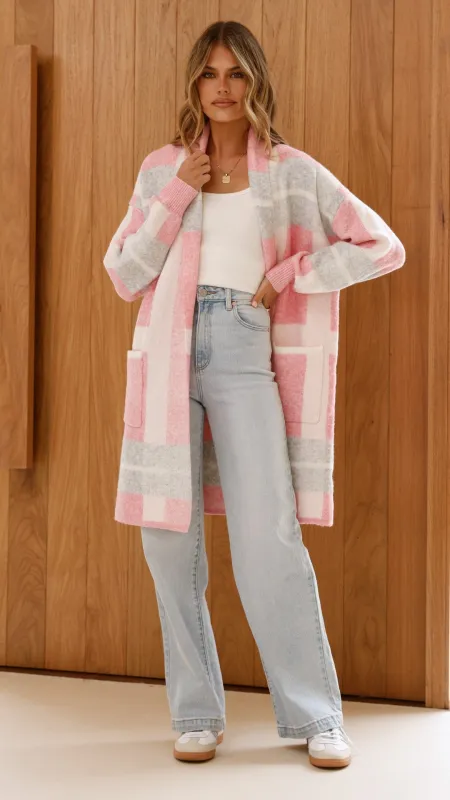 Vaza Longline Knit Cardigan - Pink/White sold by Billy J