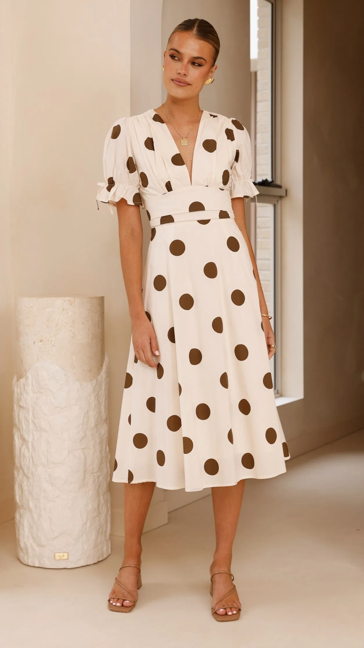 Alondra Midi Dress - White/Camel Polka sold by Billy J product image thumbnail 4
