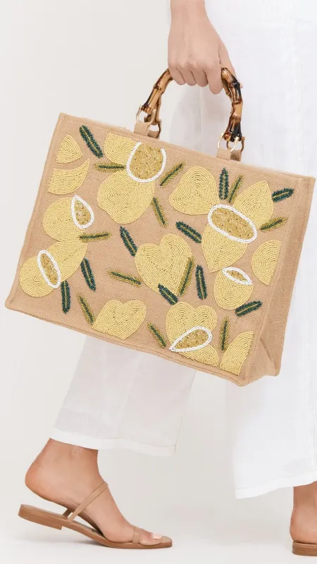 Sandie Beaded Lemon Bamboo Tote Bag - Natural / Lemon sold by Billy J