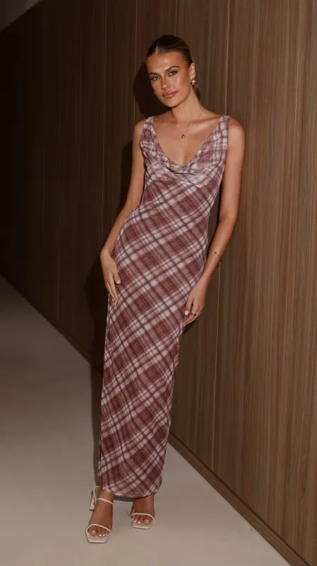 Harena Off Shoulder Maxi Dress - Brown Plaid Print sold by Billy J