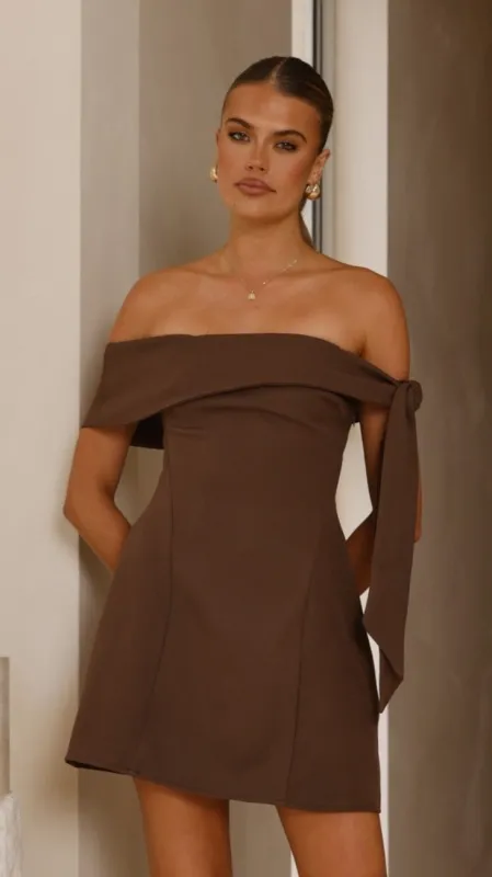 Halen Off Shoulder Mini Dress - Brown sold by Billy J