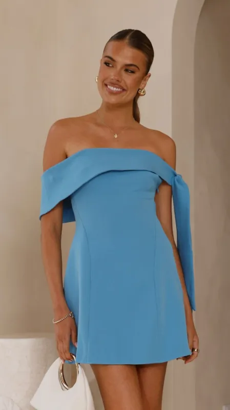 Halen Off Shoulder Mini Dress - Blue sold by Billy J