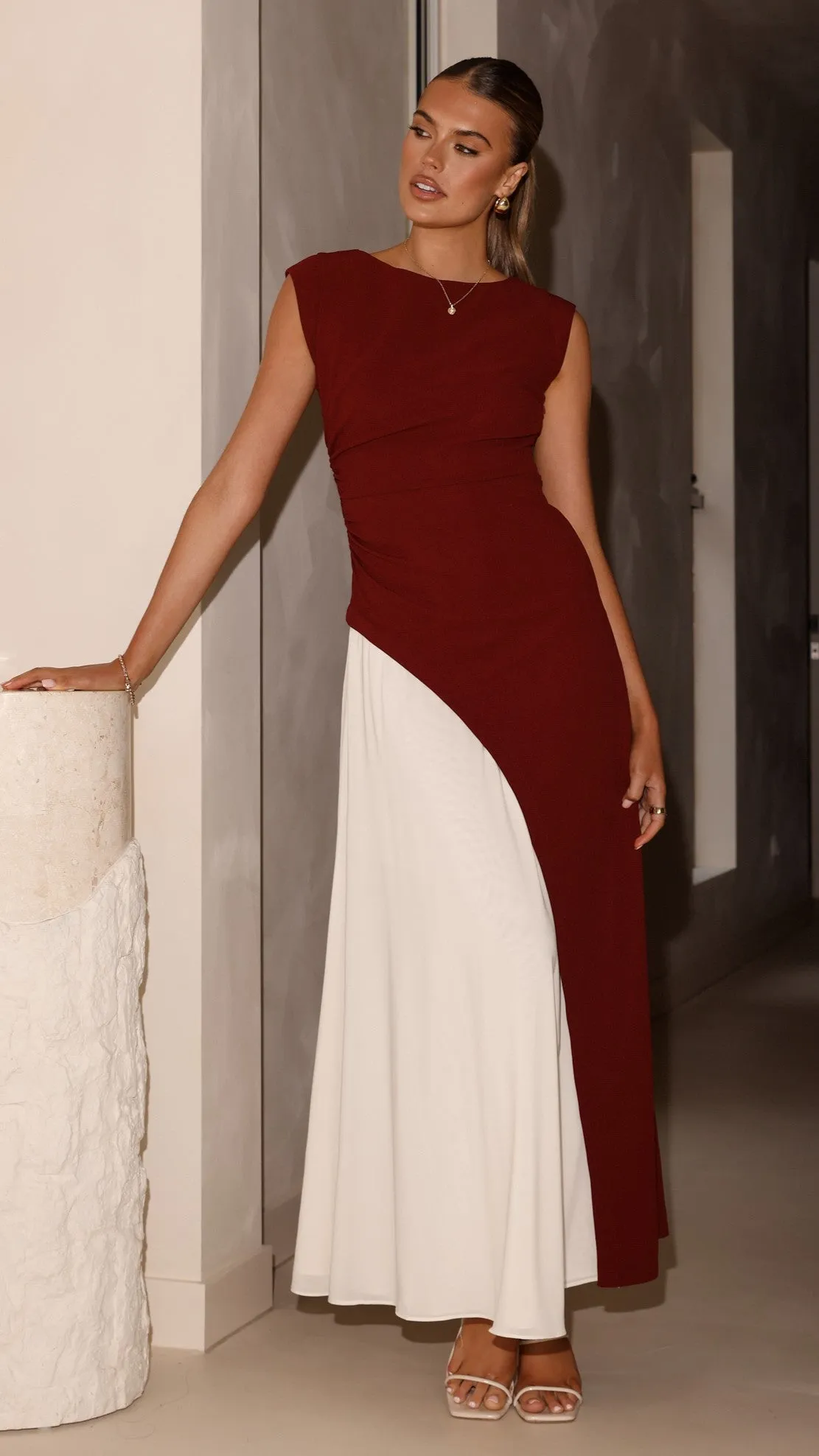 Charlotte Contrast Midi Dress - Wine/White sold by Billy J