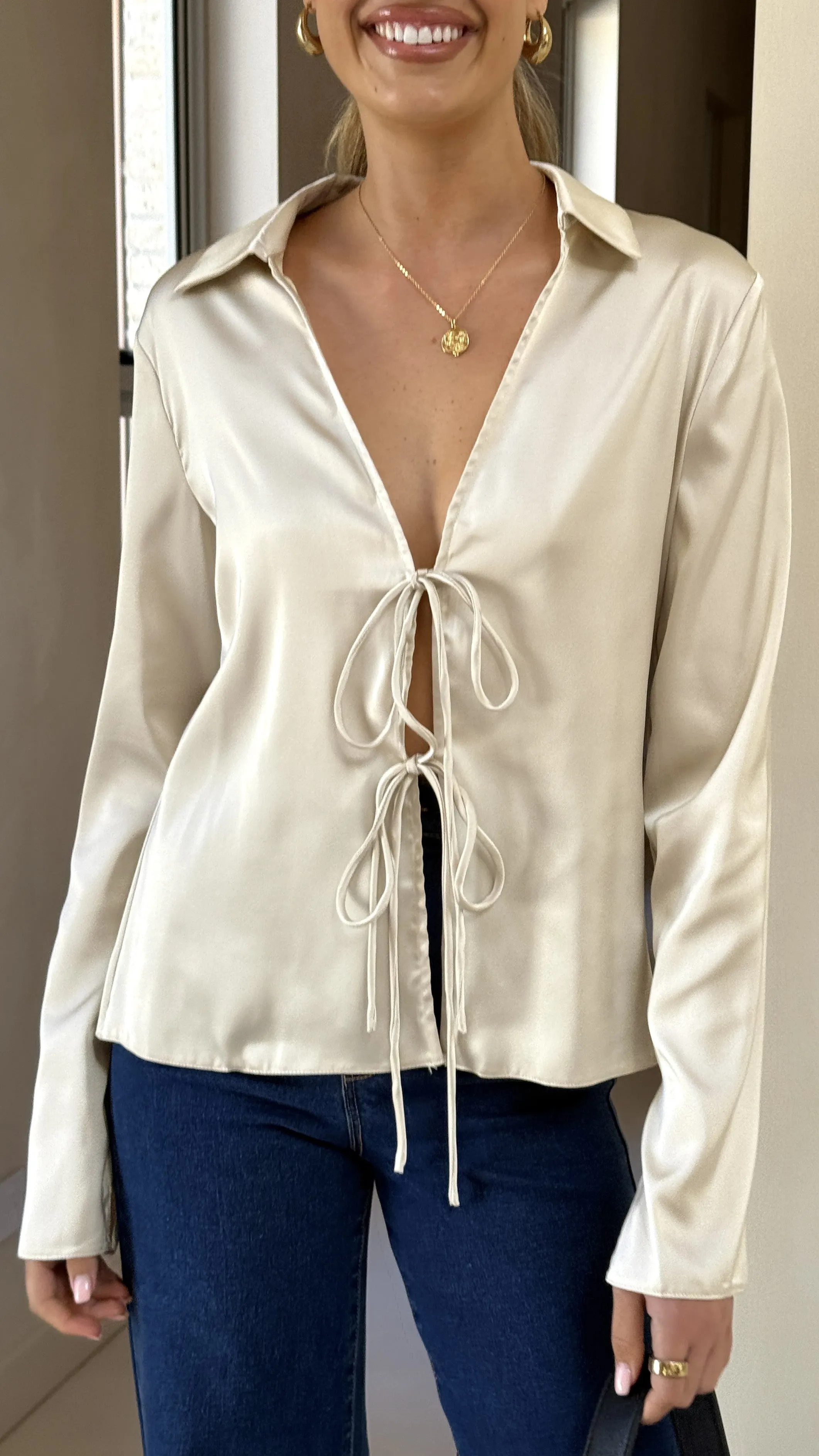 Darielle Tie Front Long Sleeve Top - Champagne sold by Billy J product image thumbnail 5