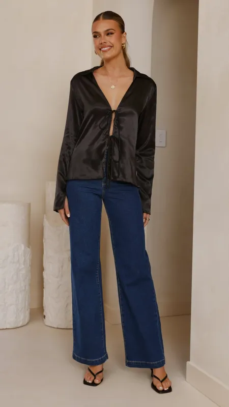 Darielle Tie Front Long Sleeve Top - Black sold by Billy J