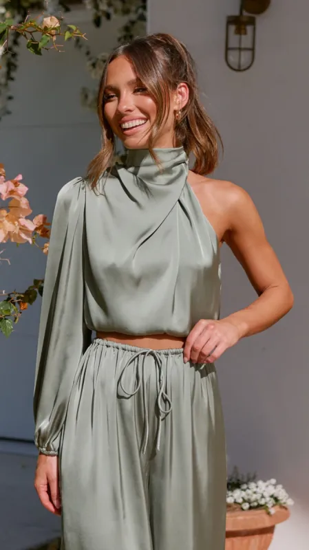 Esther One Shoulder Long Sleeve Top - Green sold by Billy J