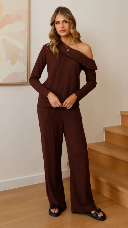 Harini Off Shoulder Long Sleeve Top and Pants Set - Chocolate sold by Billy J