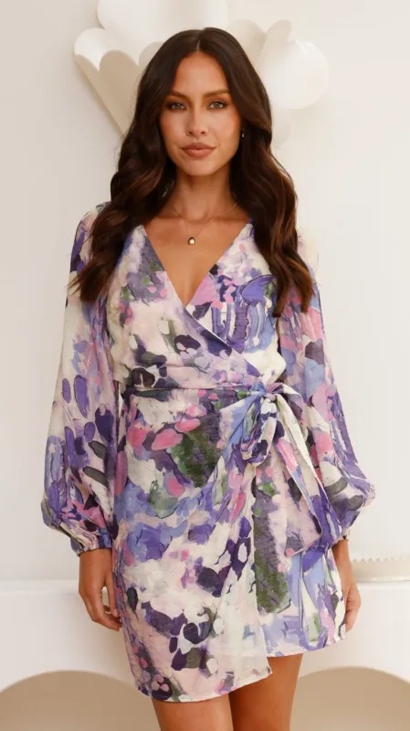 Jemma Long Sleeve Mini Dress - Purple Abstract sold by Billy J